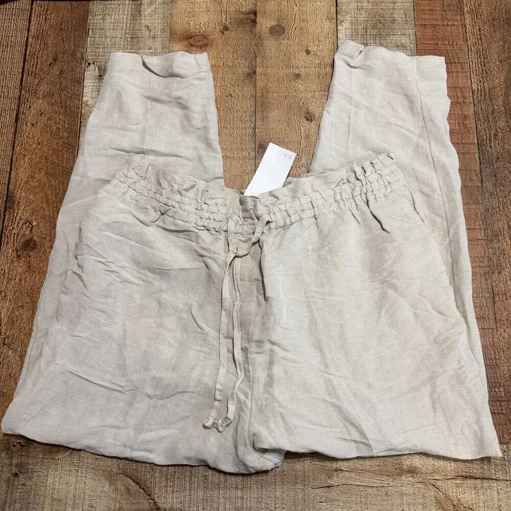 H&M NEW Wmn Cream Linen Blend Paperbag Cropped Pull-On Pants Sz XL Resort Casual